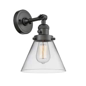 Cone 8 in. 1-Light Oil Rubbed Bronze Wall Sconce with Clear Glass Shade with On/Off Turn Switch