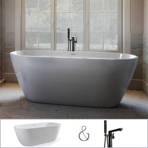 W-I-D-E Series Woodside 59 in. Acrylic Oval Freestanding Bathtub in White, Floor-Mount Square-Post Faucet in Matte Black
