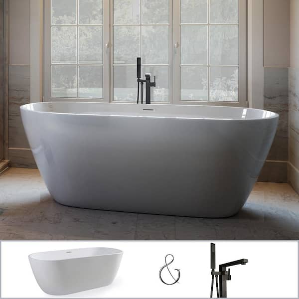 PELHAM & WHITE W-I-D-E Series Woodside 59 in. Acrylic Oval Freestanding Bathtub in White, Floor-Mount Square-Post Faucet in Matte Black