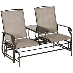 Brown 57.75 in. Metal Outdoor Glider with Center Table, Breathable Mesh Fabric and Armrests for Backyard