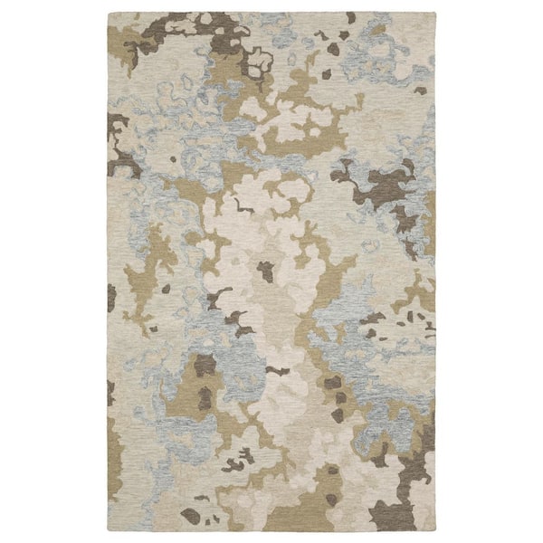 Keenan Beige/Blue 5 ft. x 8 ft. Layered Abstract Wool Mixed-Pile Hand-Tufted Indoor Area Rug