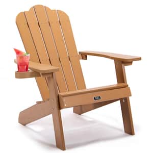 Brown Folding Plastic Adirondack Chair Furniture Painted Seating with Cup Holder All-Weather and Fade-Resistant