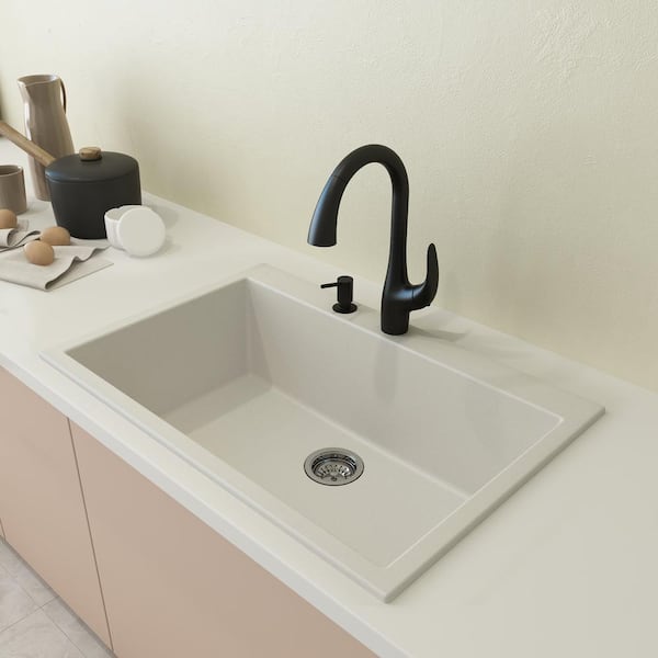 BOCCHI Campino Uno Milk White Granite Composite 33 in. Single Bowl Drop-In/Undermount Kitchen Sink with Strainer