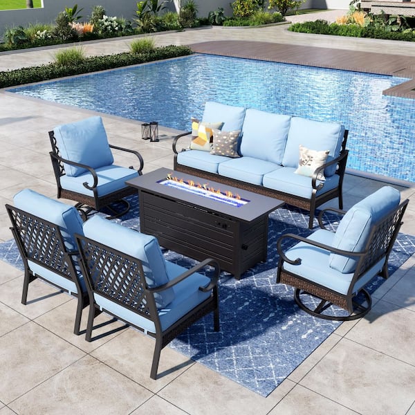 PHI VILLA 6-Piece Black Metal 7-Seats Fire Pit Patio Sets with Swivel Chairs, 50000 BTU Fire Pit Table and Blue Cushions