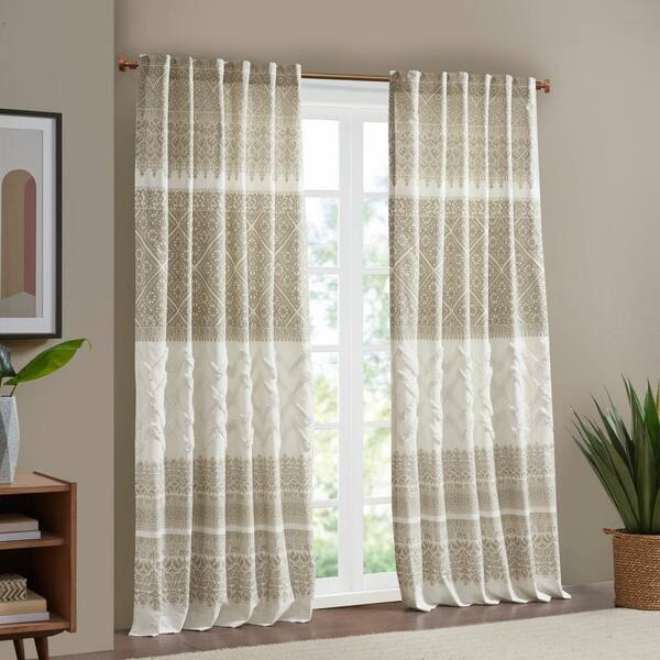 INK+IVY Mila Taupe 50 in.W x 84 in.L Cotton Printed Window Panel with Chenille Detail and Lining