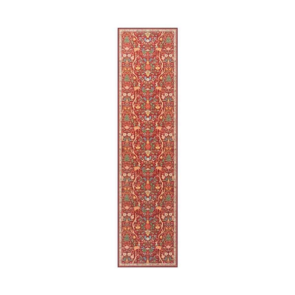 Vintage Christmas Woodland Floral Pattern Non Slip Red 2 ft. x 10 ft. Living Room/Bedroom Indoor Runner Rug