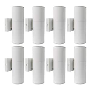 White Outdoor Hardwired Cylinder Wall Light Lantern Sconce with Integrated LED Up Down Lights (8-Pack)