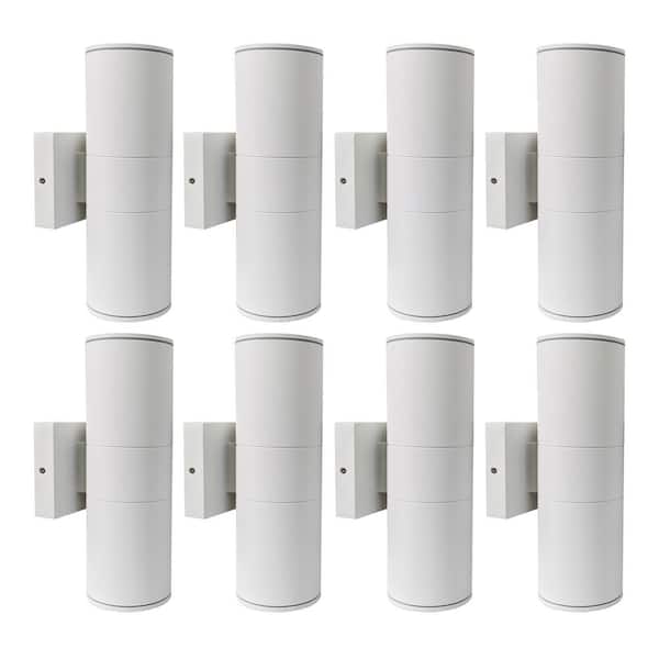 HKMGT White Outdoor Hardwired Cylinder Wall Light Lantern Sconce with Integrated LED Up Down Lights (8-Pack)