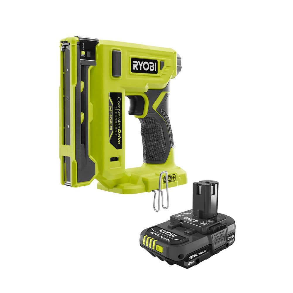 RYOBI ONE+ 18V Cordless Compression Drive 3/8 in. Crown Stapler with Lithium-Ion 2.0 Ah Compact Battery -  P317-PBP006