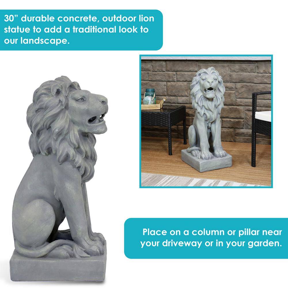 Gray Concrete Noble Beast Sitting Lion Outdoor Statue - 30"