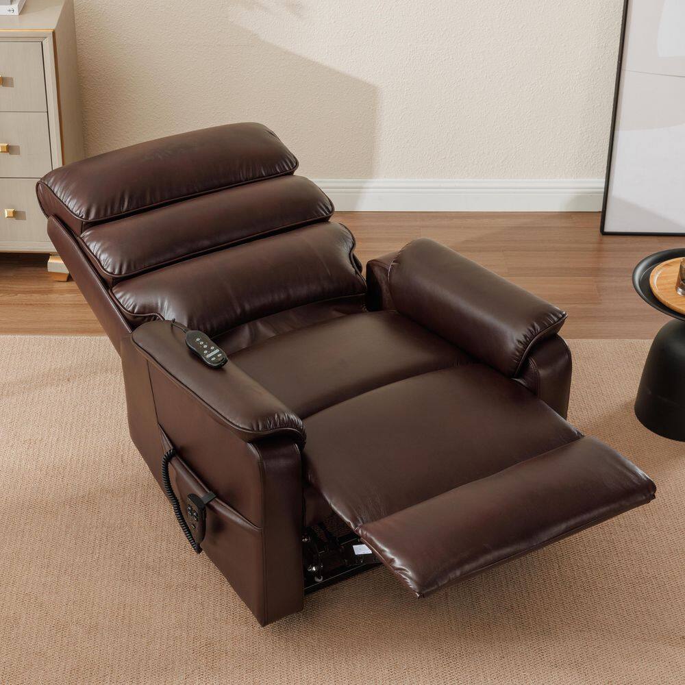 Brown power lift recliner chair in a fully reclined position.