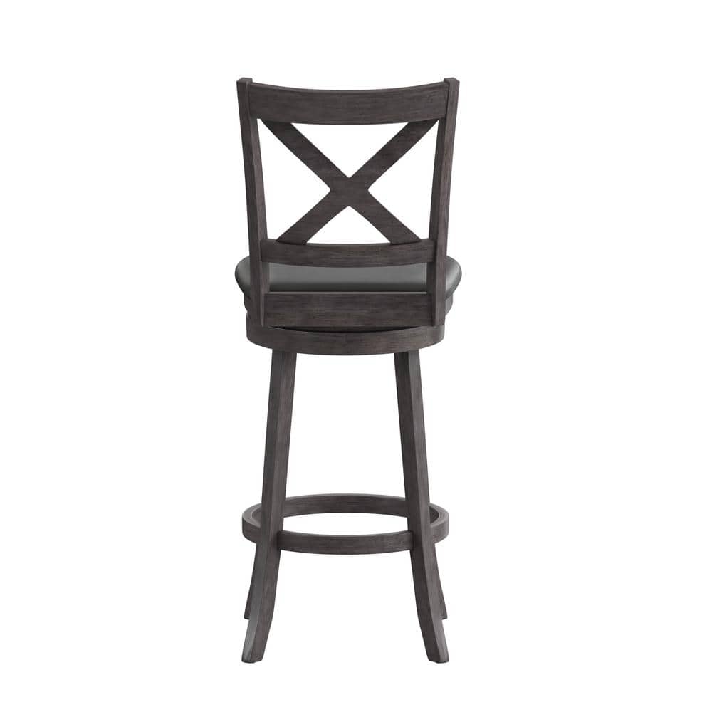 Gray Wash Walnut Crossback Swivel Bar Stool with Faux Leather Seat