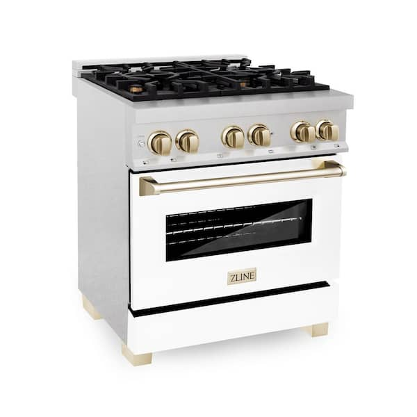 ZLINE Autograph Edition 30 4.0 Cu. ft. Dual Fuel Range in DuraSnow Stainless Steel with White Matte Door and Gold Accents