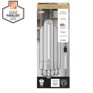 60-Watt Equivalent T10L Dimmable Straight White Filament Clear E26 Vintage Edison LED Light Bulb Warm White 2100K 4-Pack