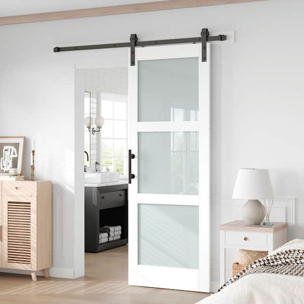 30 in. x 84 in. 3-Lite Frosted Glass White Finished MDF Core Sliding Barn Door with Hardware Kit