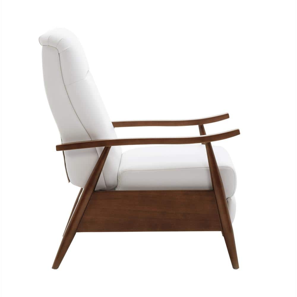 Milky White Leather and Wood Mid-Century Modern Recliner