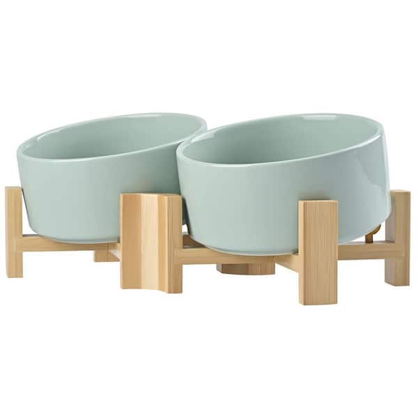 Unbranded 15° Slanted Ceramic Dog and Cat Bowl with Wooden Stand Tilted for Medium Dogs and Cats Non-Spill Easy Clean 2-Pack