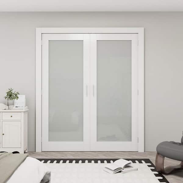 68 in. x 80 in. 1-Lite Frosted Glass White Solid Core Finished Glass French Door Panels Bi-Fold Door with Ball Catch