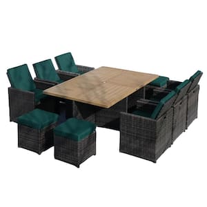 Rise Brown 11-Piece Wicker Rectangular Outdoor Dining Set with Dark Green Cushion, Aluminum Table Top