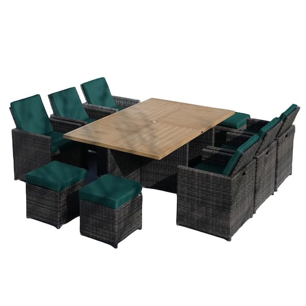 DIRECT WICKER Rise Brown 11-Piece Wicker Rectangular Outdoor Dining Set with Dark Green Cushion, Aluminum Table Top