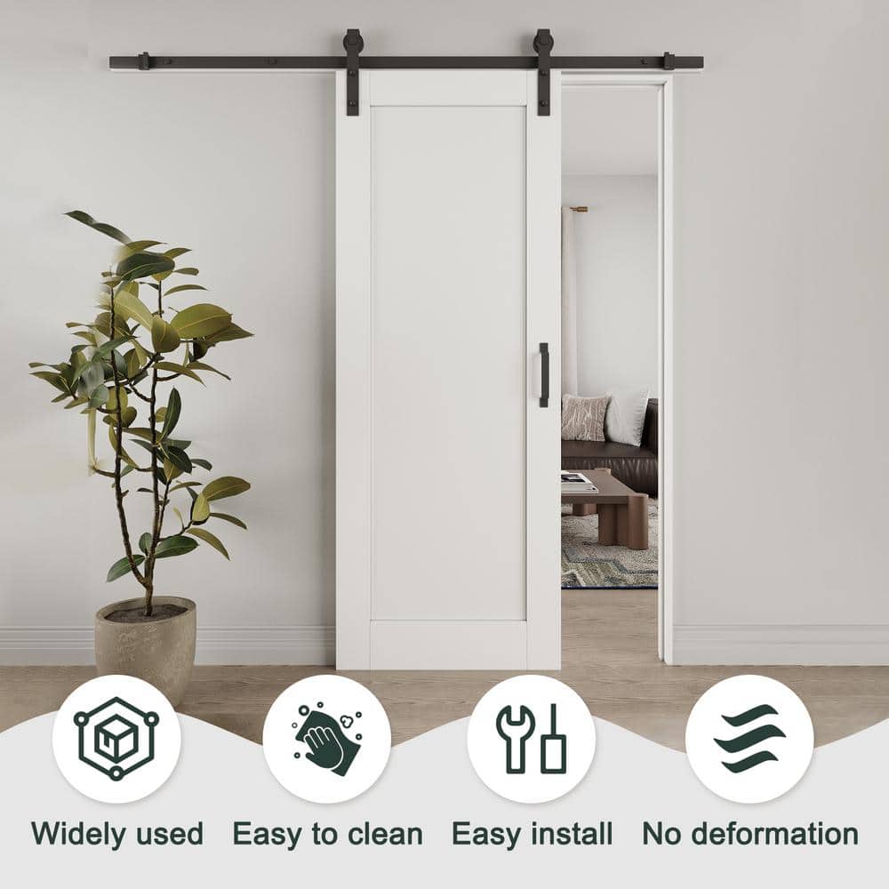 96" White Primed MDF Sliding Barn Door with Black Hardware Kit