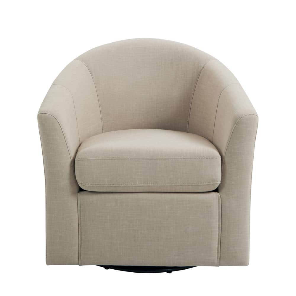 Uixe Brown Comfy Linen Upholstered Swivel Barrel Arm Chair With Metal 