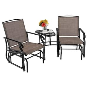Brown Metal Double Patio Swing Glider Outdoor Rocking Chair Set