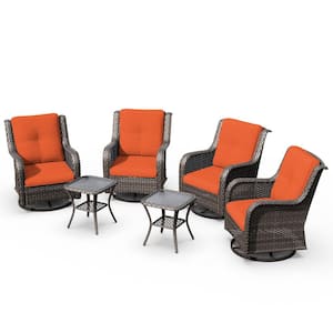 6-Piece Wicker Patio Conversation Set Swivel Rocking Chairs with Orange Cushions