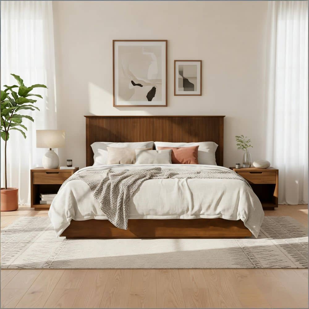 Ysabel Stylish Brown Solid Wood Frame King Size Platform Bed with Slatted Headboard - thumbnail 10