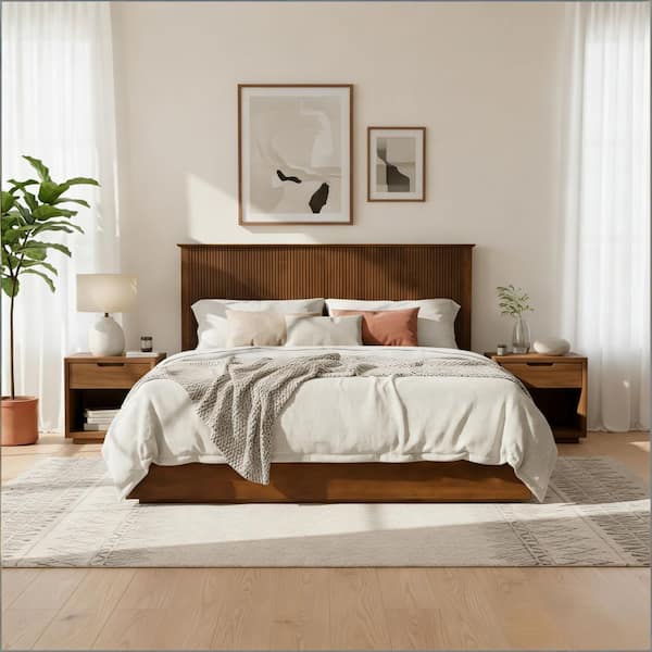 Ysabel Stylish Brown Solid Wood Frame King Size Platform Bed with Slatted Headboard