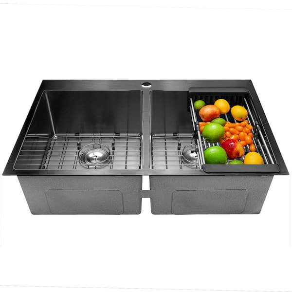 AKDY Gunmetal Matte Black Finish Stainless Steel 33 in. x 22 in. Double Bowl Drop-In Kitchen Sink with Bottom Grid