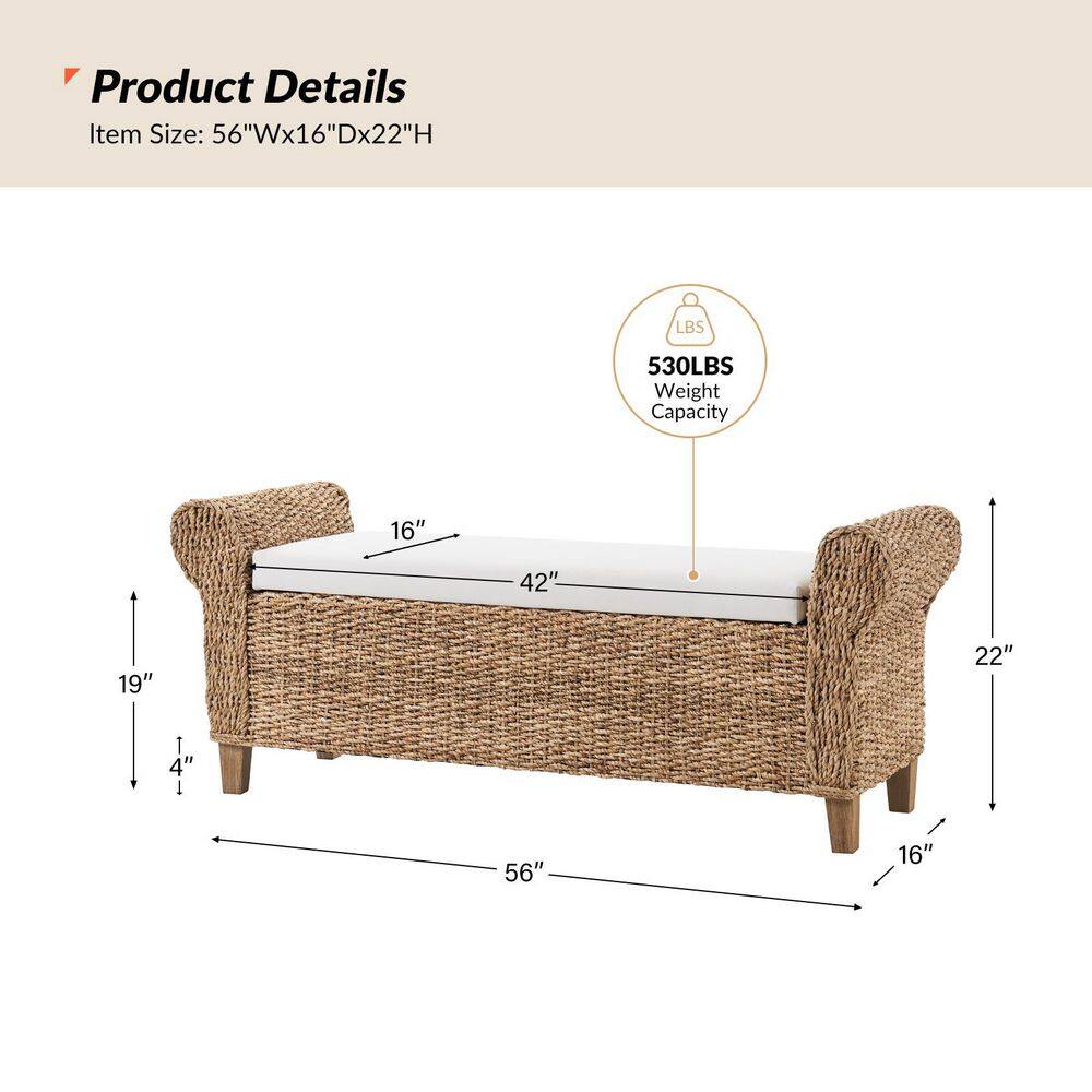 August 56 in. W Boho Flip Top Storage Rattan Entryway Bench with Solid Wood Legs and Roll Arms-Natural - thumbnail 6