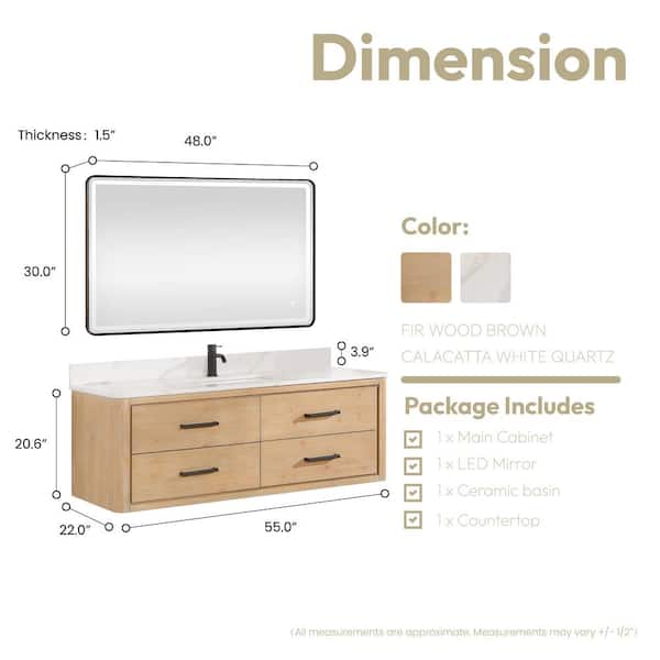 Cristo 55 in. W x 22 in. D x 20.6 in. H Single Sink Bath Vanity in Fir Wood Brown with White Quartz Stone Top and Mirror