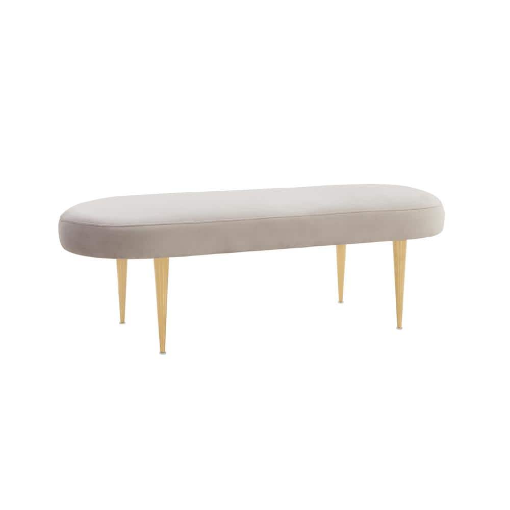 Elegant Glamour Pale Taupe Velvet Oval Bench with Retro Gold Legs