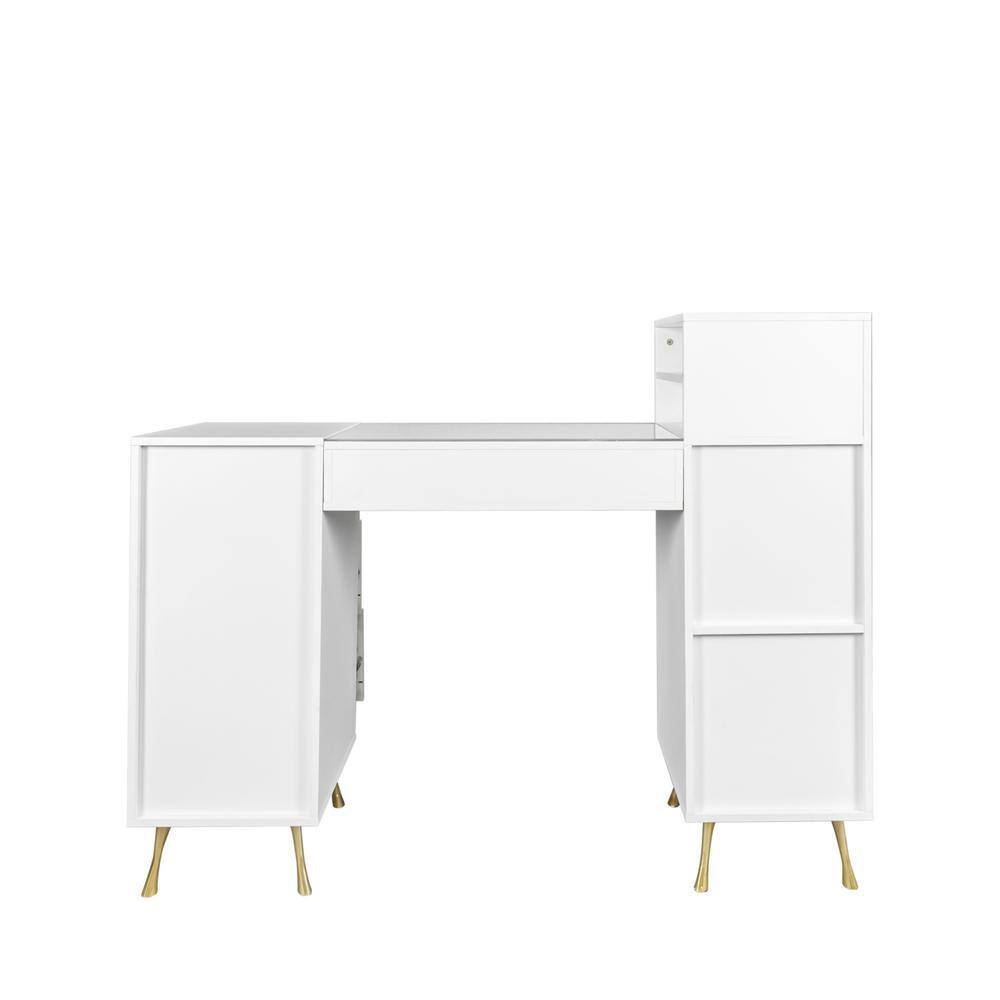 Rear view of a white vanity table with gold legs.