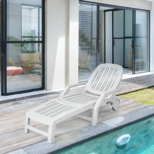 1-Piece White Plastic Adjustable Patio Sun Outdoor Chaise Lounge Weather Resistant with Wheels
