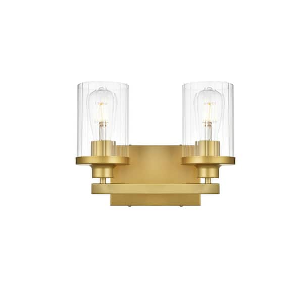 Unbranded Simply Living 12 in. 2-Light Modern Brass Vanity Light with Clear Cylinder Shade