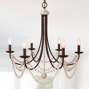 6-Light Brown French Country Wood Bead Candle Style Chandelier