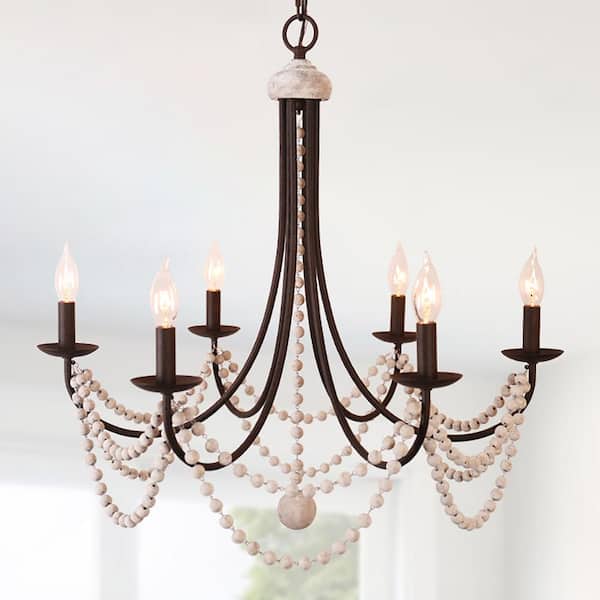 Bella Depot 6-Light Brown French Country Wood Bead Candle Style Chandelier