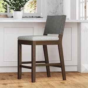 Linus 36 in. Modern Wood Counter Height Bar Stool with Faux Leather Back and Ivory Upholstered Fabric Seat