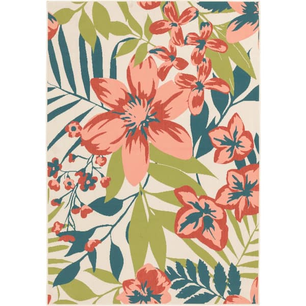 Hampton Bay Ivory/Multi Botanical 6 ft. x 9 ft. Indoor/Outdoor Area Rug