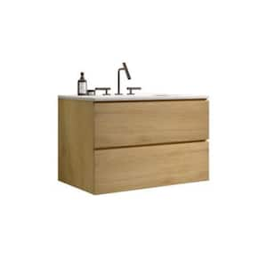 TIA 30.00 in. W x 18.30 in. D x 21.10 in. H Wall Mounting Bath Vanity in Oak with White Solid Surface Top