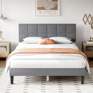 Classic Upholstered 5.9 in. Grey Wood Full Platform Bed Frame with Headboard