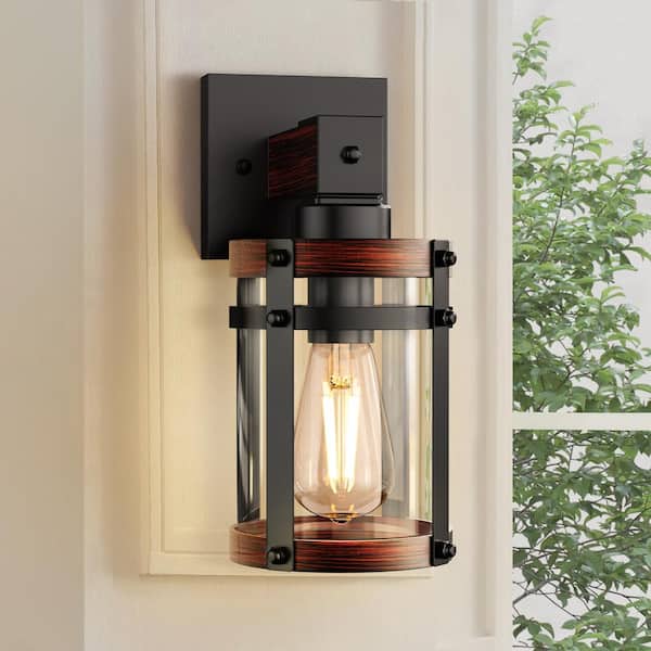 8 in. Black 1-Light Wall Sconce with Wood Grain Glass Cylinder Shade (Bulbs Not Included)