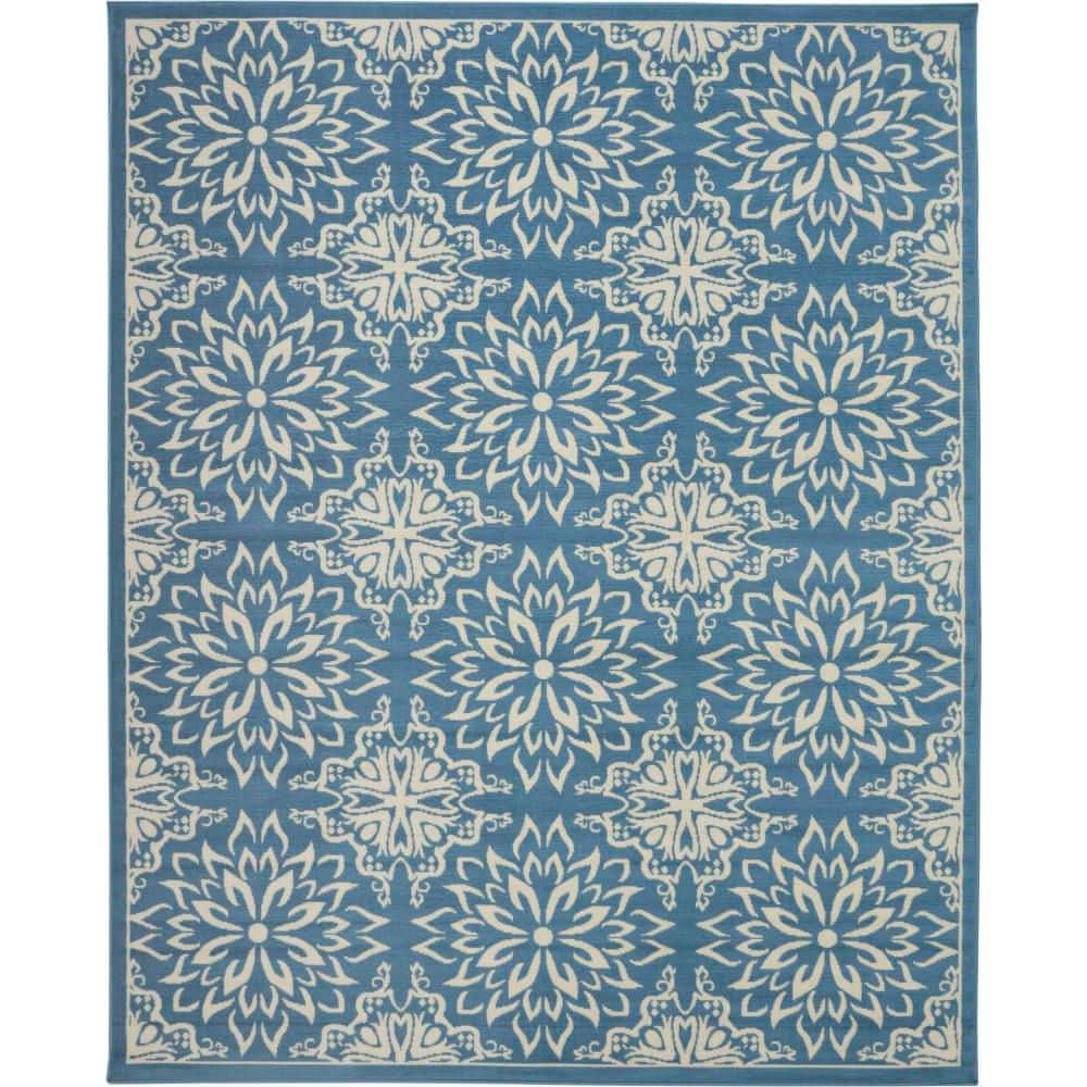 Elegant Ivory & Blue Floral Viscose 7'10" x 9'10" Area Rug
