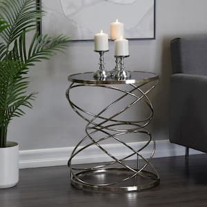 20 in. Silver Open Ring Large Round Marble End Accent Table with Black Marble Top