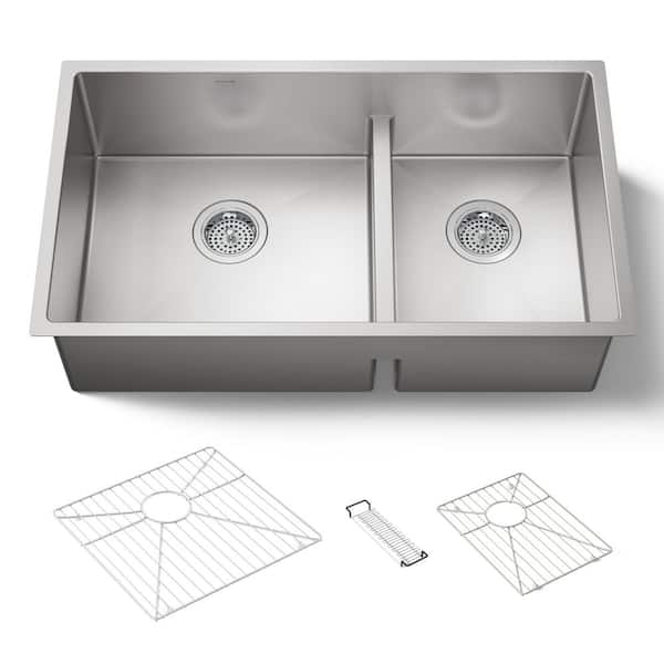 Strive Undermount Stainless Steel Smart Divide 32 in. Double Bowl Kitchen Sink Kit with Included Accessories