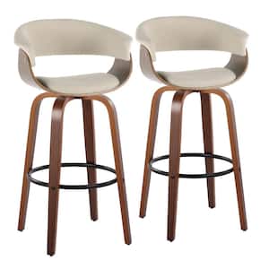 Vintage Mod 29 in. Cream Fabric, Walnut Wood and Black Metal Fixed-Height Bar Stool Round Footrest (Set of 2)
