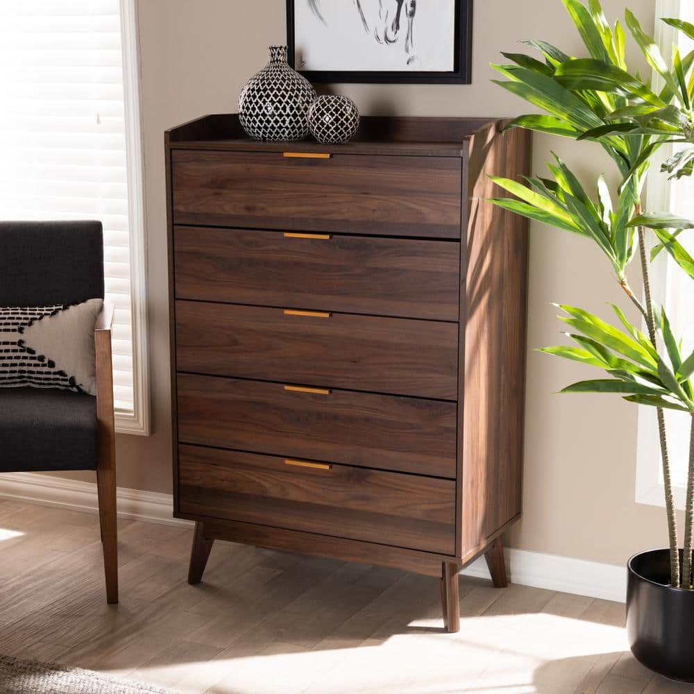Walnut Brown Mid-Century 5-Drawer Chest with Gold-Tone Handles