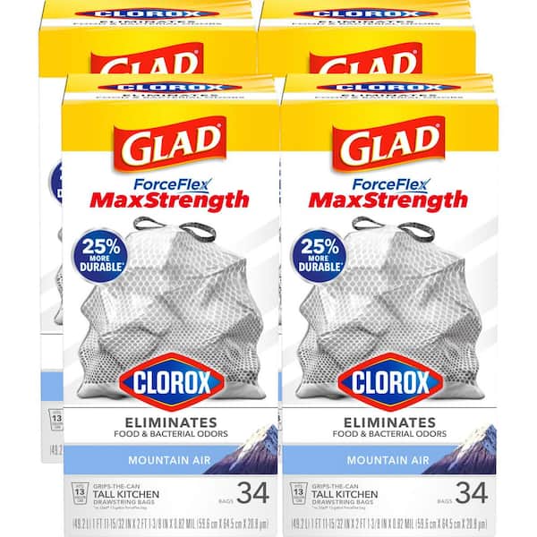 13 Gallon ForceFlex MaxStrength with Clorox Tall Kitchen Drawstring Mountain Air Trash Bags (34-Count, 4-Pack)